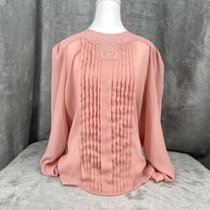 Vintage Armon Originals New York Pink Embroidered Blouse Long Sleeve Semi Sheer